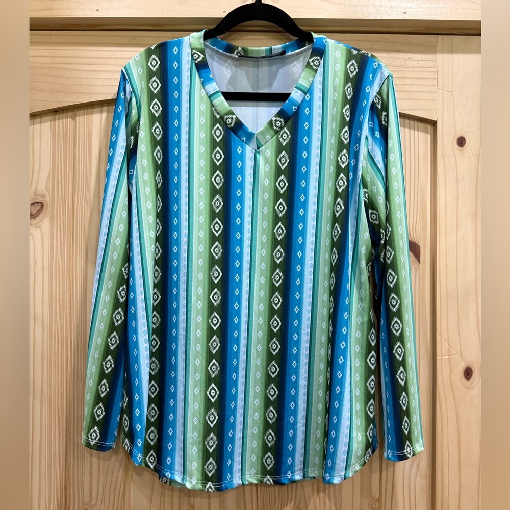 Lucky & Blessed V-Neck Long Sleeve Striped Geo Print Top - Blue & Green, Size LG
